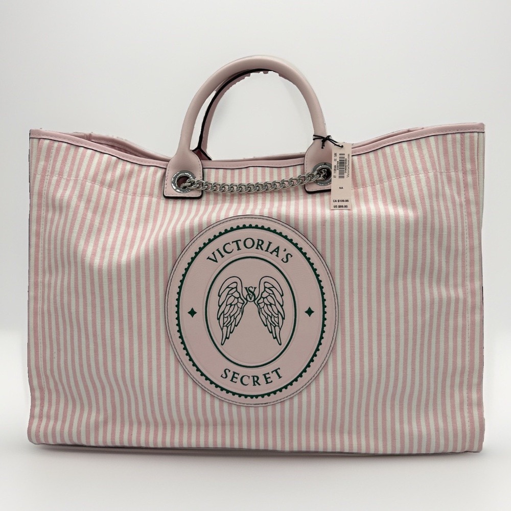 Victoria's Secret Pink Iconic Stripes Angel Wings Crest Large Tote Bag ChainNWT
